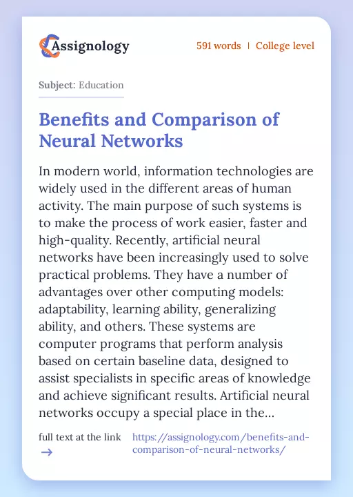 Benefits and Comparison of Neural Networks - Essay Preview