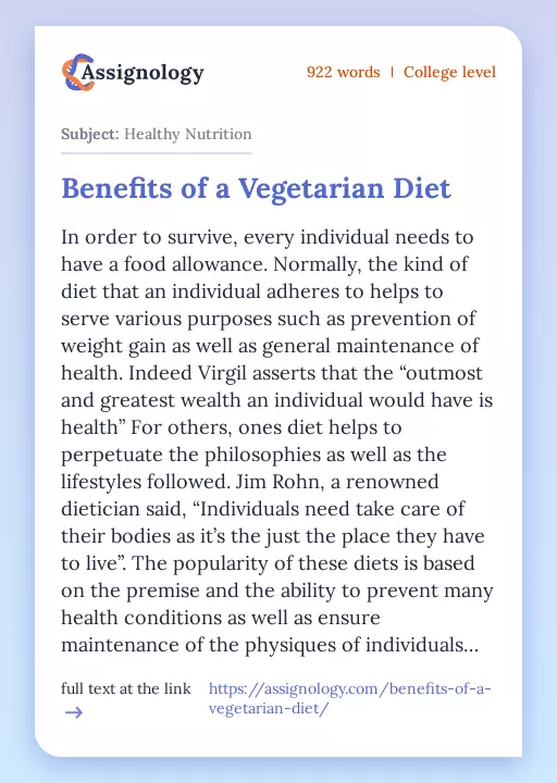 Benefits of a Vegetarian Diet - Essay Preview