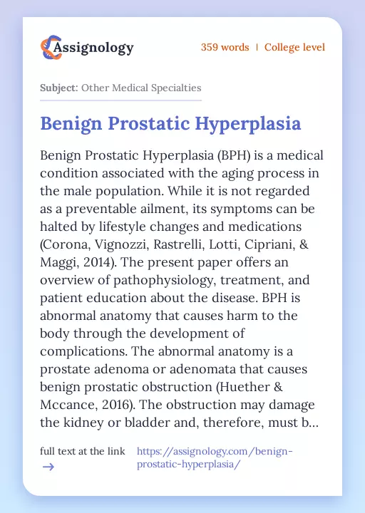 Benign Prostatic Hyperplasia - Essay Preview