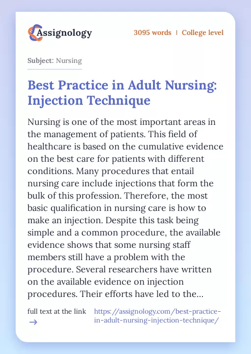 Best Practice in Adult Nursing: Injection Technique - Essay Preview