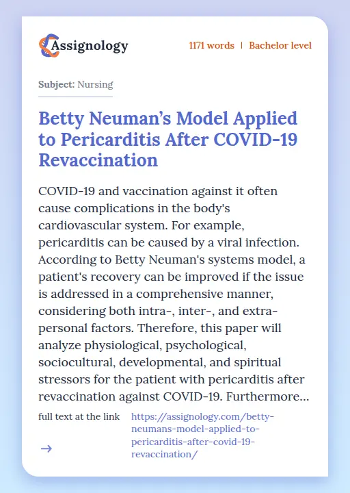 Betty Neuman’s Model Applied to Pericarditis After COVID-19 Revaccination - Essay Preview