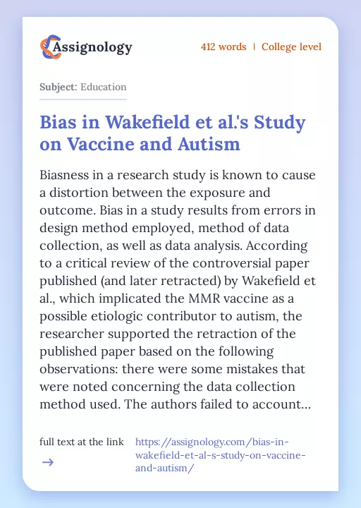 Bias in Wakefield et al.'s Study on Vaccine and Autism - Essay Preview