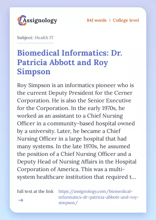 Biomedical Informatics: Dr. Patricia Abbott and Roy Simpson - Essay Preview
