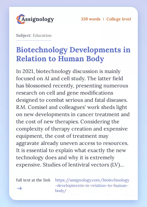 Biotechnology Developments in Relation to Human Body - Essay Preview