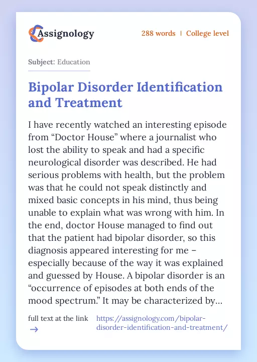 Bipolar Disorder Identification and Treatment - Essay Preview