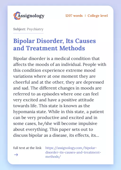 Bipolar Disorder, Its Causes and Treatment Methods - Essay Preview