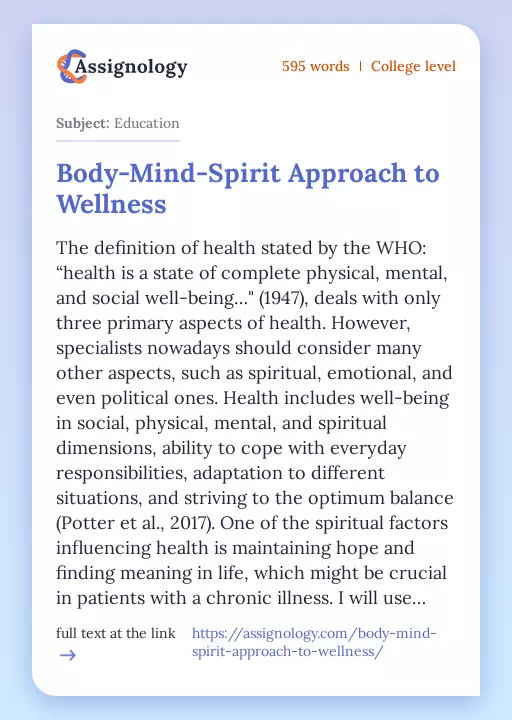 Body-Mind-Spirit Approach to Wellness - Essay Preview