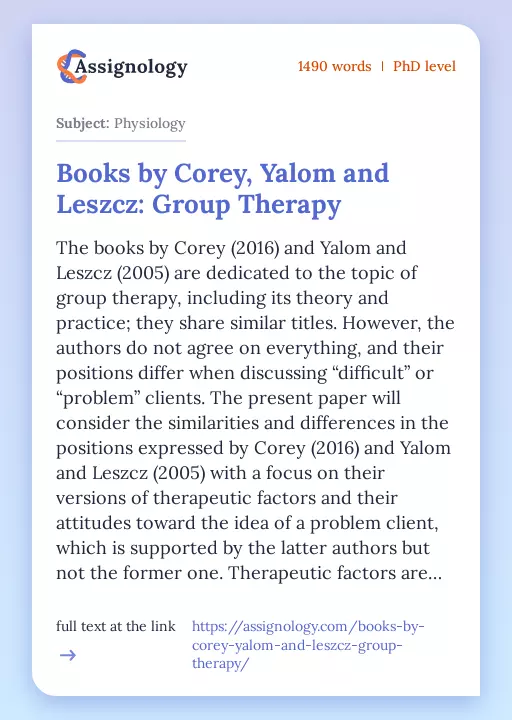 Books by Corey, Yalom and Leszcz: Group Therapy - Essay Preview