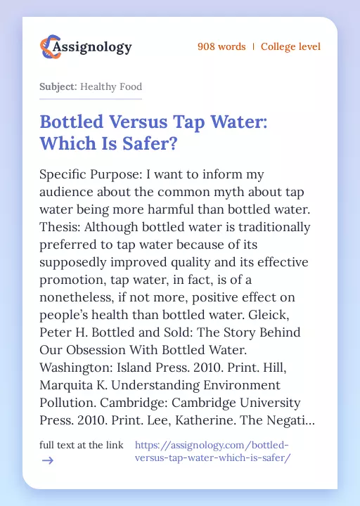 Bottled Versus Tap Water: Which Is Safer? - Essay Preview