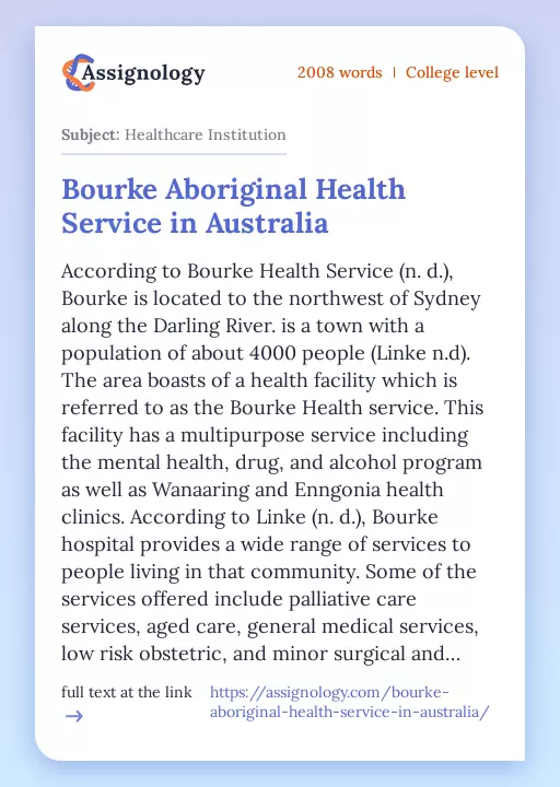 Bourke Aboriginal Health Service in Australia - Essay Preview