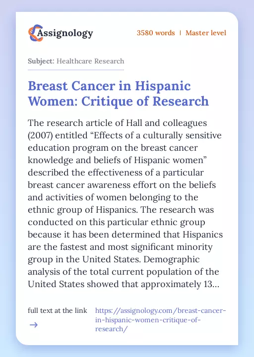 Breast Cancer in Hispanic Women: Critique of Research - Essay Preview