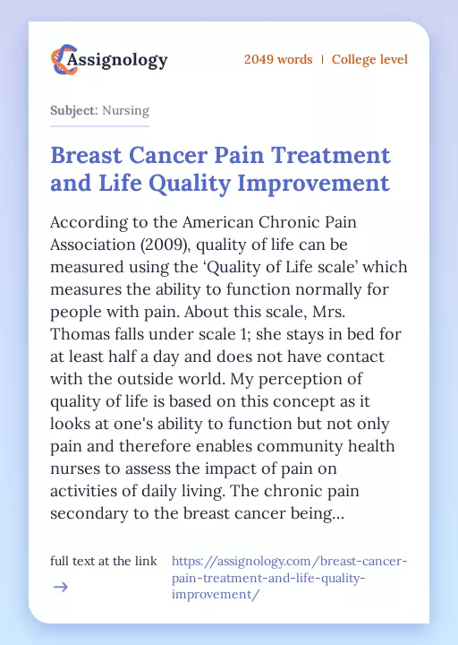Breast Cancer Pain Treatment and Life Quality Improvement - Essay Preview