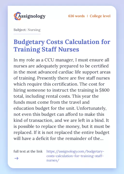 Budgetary Costs Calculation for Training Staff Nurses - Essay Preview