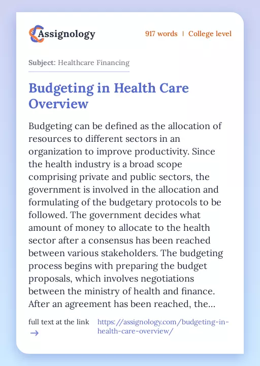 Budgeting in Health Care Overview - Essay Preview