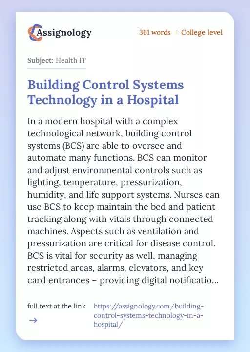 Building Control Systems Technology in a Hospital - Essay Preview