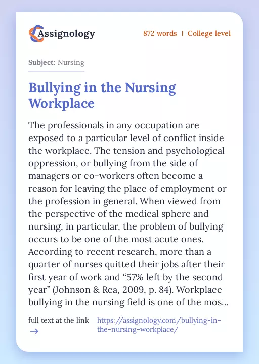 Bullying in the Nursing Workplace - Essay Preview