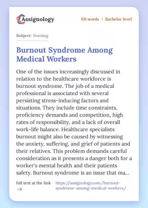 Burnout Syndrome Among Medical Workers - Essay Preview