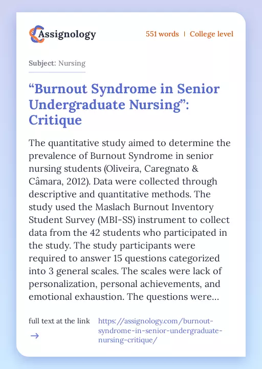 “Burnout Syndrome in Senior Undergraduate Nursing”: Critique - Essay Preview