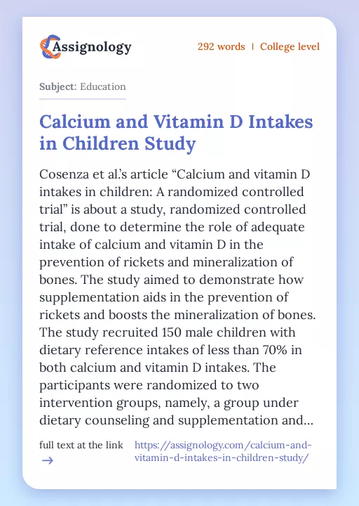 Calcium and Vitamin D Intakes in Children Study - Essay Preview