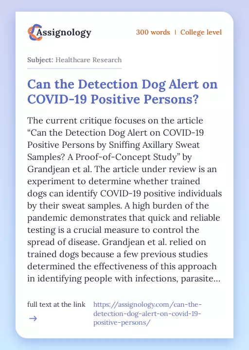 Can the Detection Dog Alert on COVID-19 Positive Persons? - Essay Preview