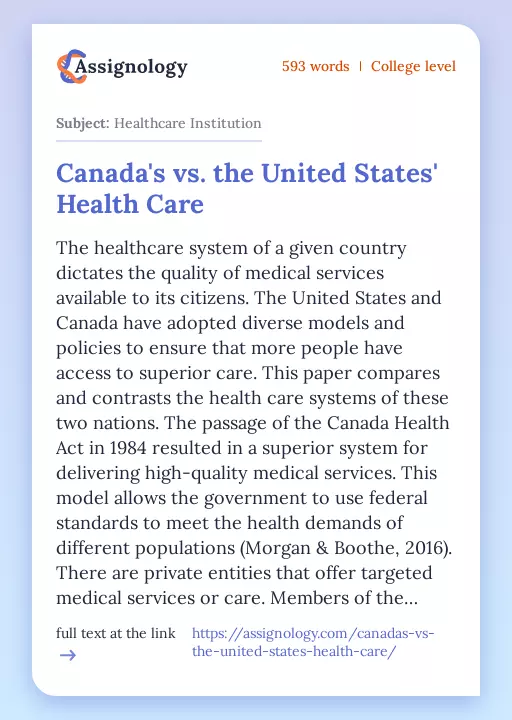 Canada's vs. the United States' Health Care - Essay Preview