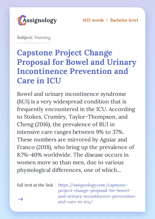 Capstone Project Change Proposal for Bowel and Urinary Incontinence Prevention and Care in ICU - Essay Preview