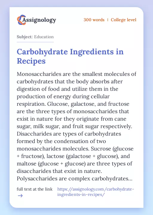 Carbohydrate Ingredients in Recipes - Essay Preview