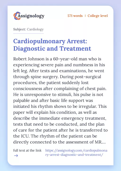 Cardiopulmonary Arrest: Diagnostic and Treatment - Essay Preview