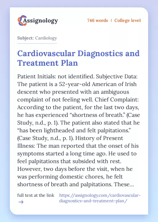 Cardiovascular Diagnostics and Treatment Plan - Essay Preview