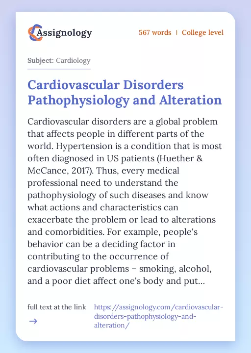 Cardiovascular Disorders Pathophysiology and Alteration - Essay Preview