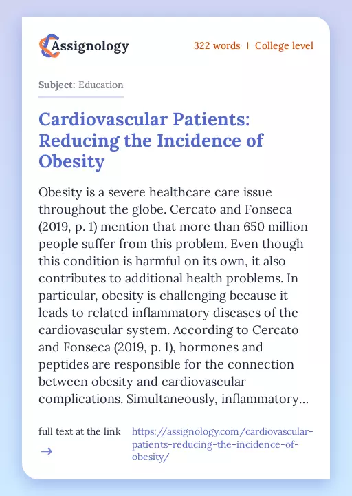 Cardiovascular Patients: Reducing the Incidence of Obesity - Essay Preview