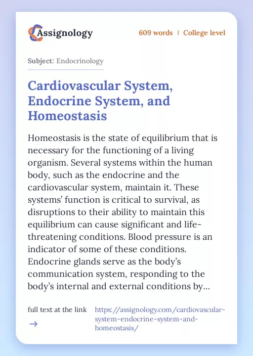 Cardiovascular System, Endocrine System, and Homeostasis - Essay Preview