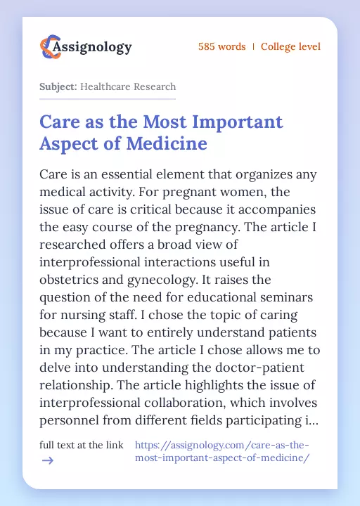 Care as the Most Important Aspect of Medicine - Essay Preview