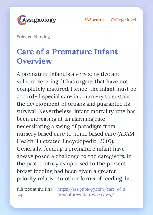 Care of a Premature Infant Overview - Essay Preview