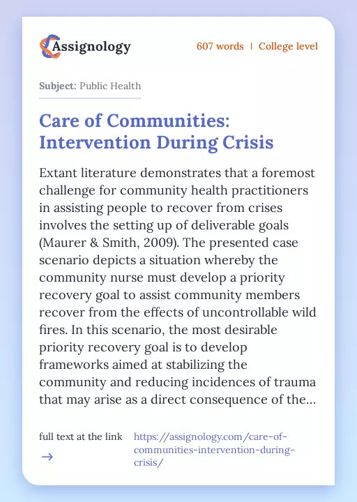 Care of Communities: Intervention During Crisis - Essay Preview
