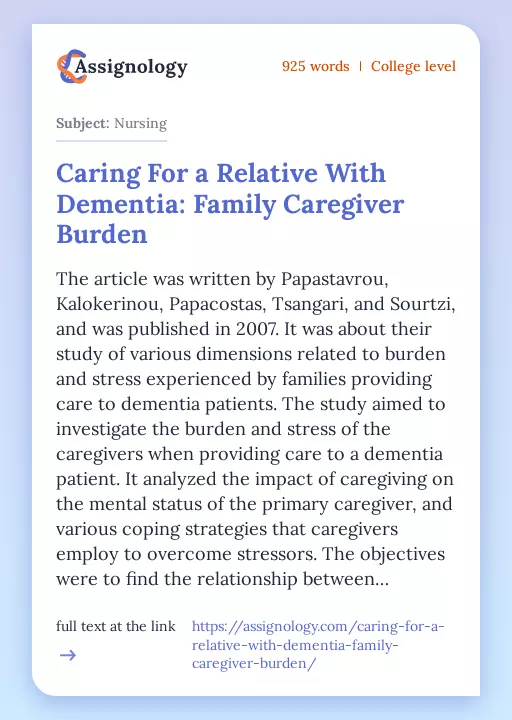 Caring For a Relative With Dementia: Family Caregiver Burden - Essay Preview