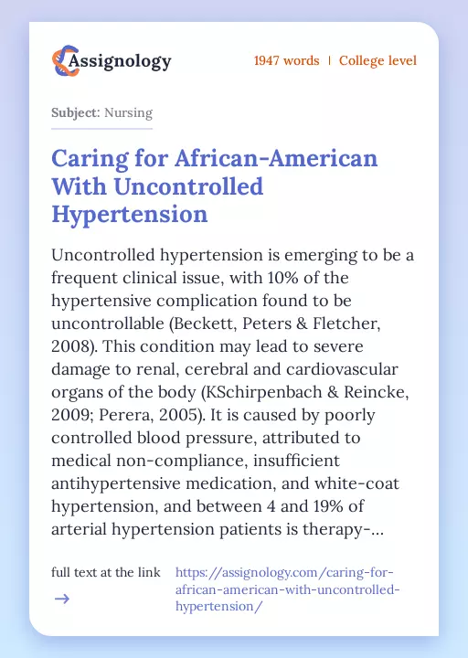 Caring for African-American With Uncontrolled Hypertension - Essay Preview