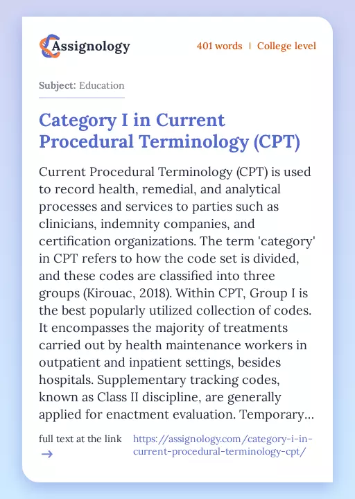Category I in Current Procedural Terminology (CPT) - Essay Preview