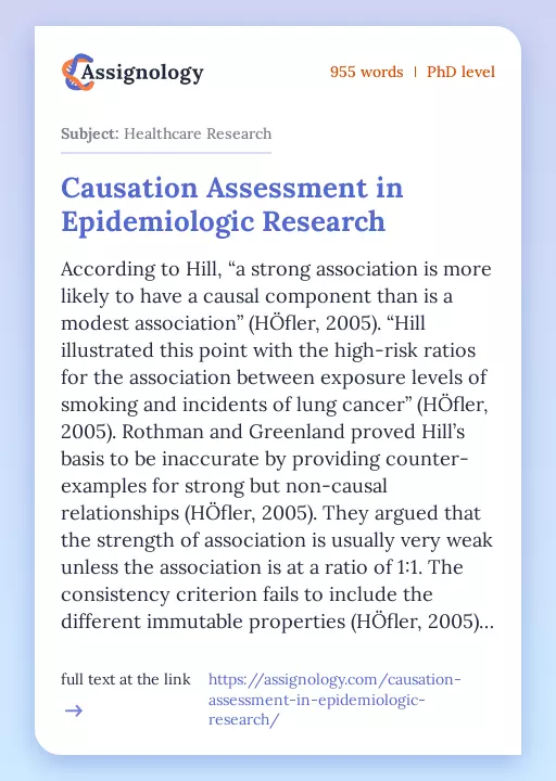 Causation Assessment in Epidemiologic Research - Essay Preview