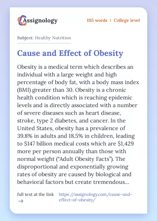 Cause and Effect of Obesity - Essay Preview