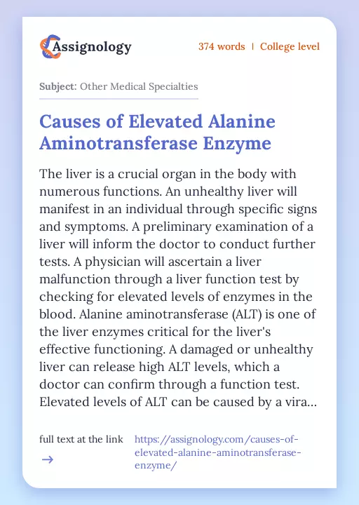 Causes of Elevated Alanine Aminotransferase Enzyme - Essay Preview