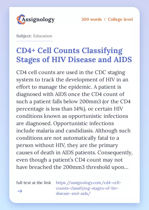 CD4+ Cell Counts Classifying Stages of HIV Disease and AIDS - Essay Preview