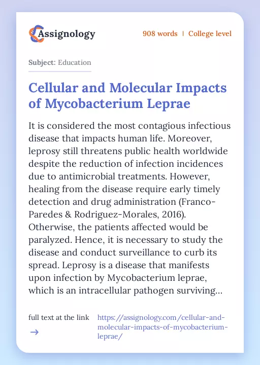 Cellular and Molecular Impacts of Mycobacterium Leprae - Essay Preview