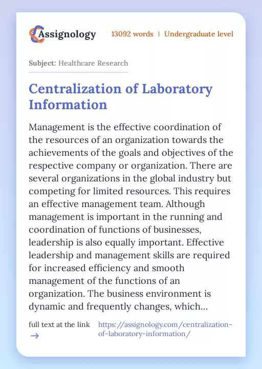 Centralization of Laboratory Information - Essay Preview