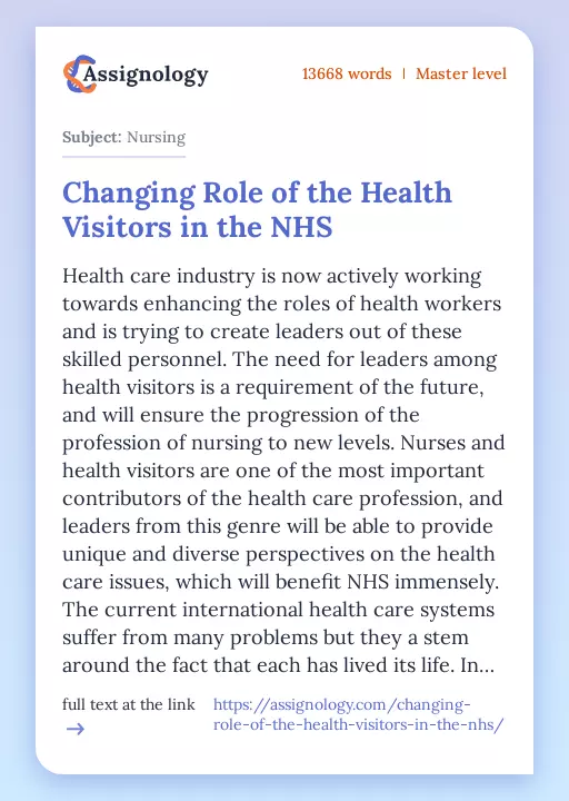 Changing Role of the Health Visitors in the NHS - Essay Preview