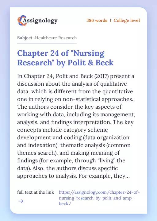 Chapter 24 of "Nursing Research" by Polit & Beck - Essay Preview