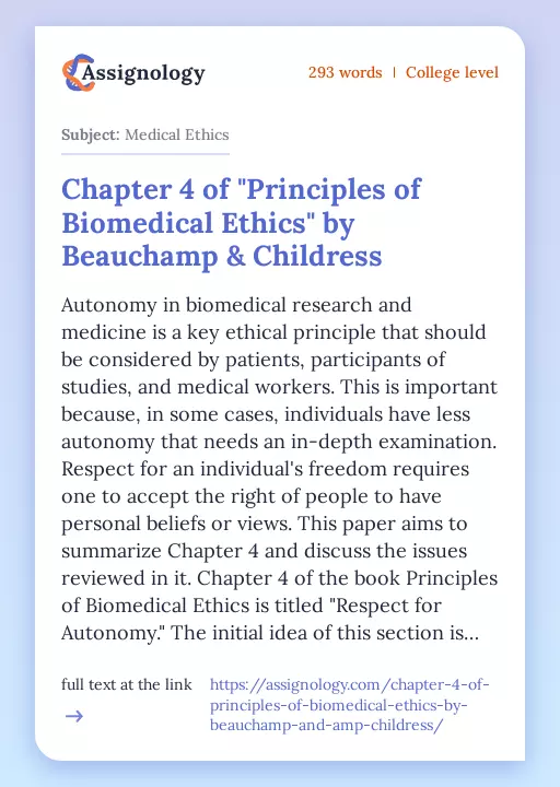 Chapter 4 of "Principles of Biomedical Ethics" by Beauchamp & Childress - Essay Preview