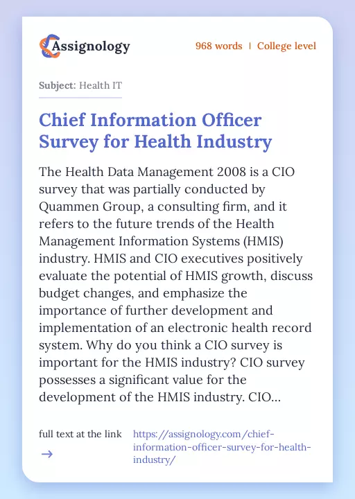 Chief Information Officer Survey for Health Industry - Essay Preview