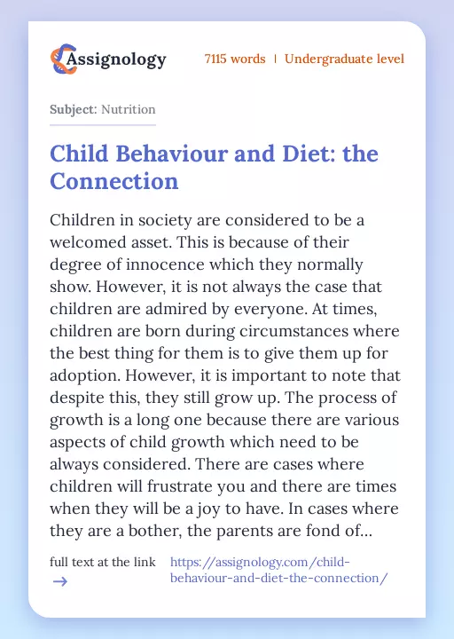 Child Behaviour and Diet: the Connection - Essay Preview