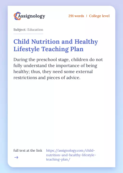 Child Nutrition and Healthy Lifestyle Teaching Plan - Essay Preview